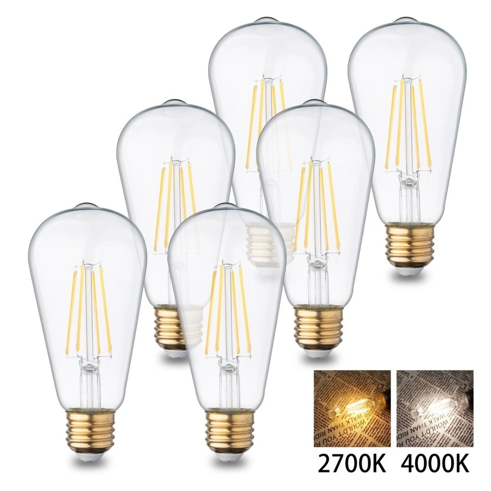 FTL 6-Pack E26 LED Dimmable Vintage Edison Light Bulbs 8W ST64 2700K Warm White
